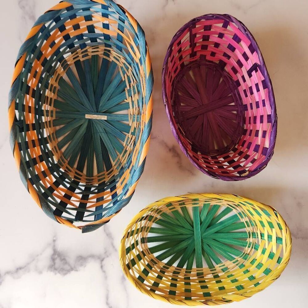 Megatoys braided woven multicolor baskets bundle of 3 thin wooden lightweight